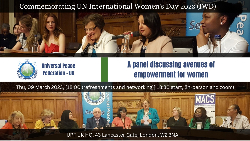 A youth panel speaker presents at the UPF UK International Women’s Day 2023 event at 43 Lancaster Gate, standing at a podium with UPF UK banners behind, addressing an audience on women’s empowerment and SDG5.