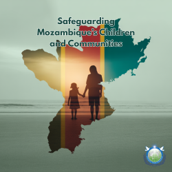 A mother holds the hand of a young child through a Mozambican landscape and a flag, symbolising resilience, displacement and UPF UK’s call to protect children, support families and advance peacebuilding in northern Mozambique.