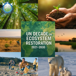 Images of forests, planting, wildlife, and community cleanups surrounding the ‘UN Decade on Ecosystem Restoration’ logo, illustrating Universal Peace Federation UK’s support for restoration and climate action.