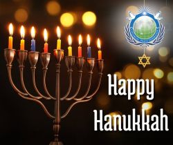 A Hanukkah menorah with nine brightly lit candles, alongside the Universal Peace Federation emblem and a Star of David, conveying a message of light, peace, and celebration.