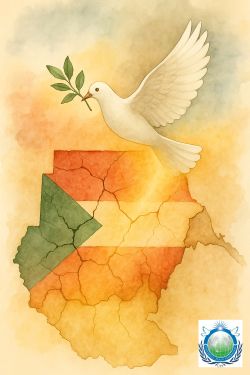 A soft watercolor illustration of Sudan shaped in the colours of the Sudanese flag, cracked to reflect conflict and humanitarian suffering. A white dove carrying an olive branch flies overhead, symbolising peace and reconciliation. The UPF logo appears in the lower corner, representing the Universal Peace Federation’s commitment to peacebuilding, human security, and support for Sudanese communities.