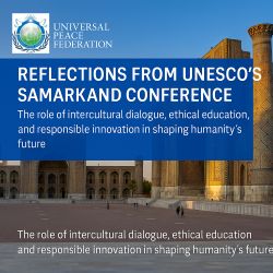 Photographic-style banner of Samarkand’s Registan Square at sunset, featuring the Universal Peace Federation logo and the title “Reflections from UNESCO’s Samarkand Conference.” The scene highlights the architectural beauty of the madrasahs and symbolizes intercultural dialogue, ethical education, and cooperation in a warm blue and gold color palette.