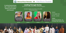 Event banner for ‘Leading Through Stories: Creativity and Culture for Global Impact’ hosted by the International Association of Arts and Culture for Peace (IAACP) and Universal Peace Federation UK on 11 November 2025 at 43 Lancaster Gate, London.
