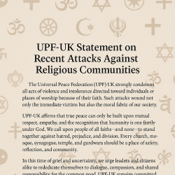 Religions standing together in solidarity for peace and religious unity, symbolising UPF-UK’s call for respect among all faiths