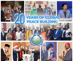 Commemorative digital banner celebrating the 20th anniversary of the Universal Peace Federation (2005–2025). The design features a collage of Global Peace making efforts including Dr Hak Ja Han - Holy Mother Han and a number of interfaith and inter-religious leaders