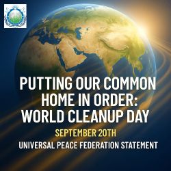 A diverse group of volunteers, including youth and community leaders, participate in a riverbank cleanup on World Cleanup Day, symbolizing the Universal Peace Federation’s commitment to environmental stewardship, interfaith cooperation, and building one family under God.